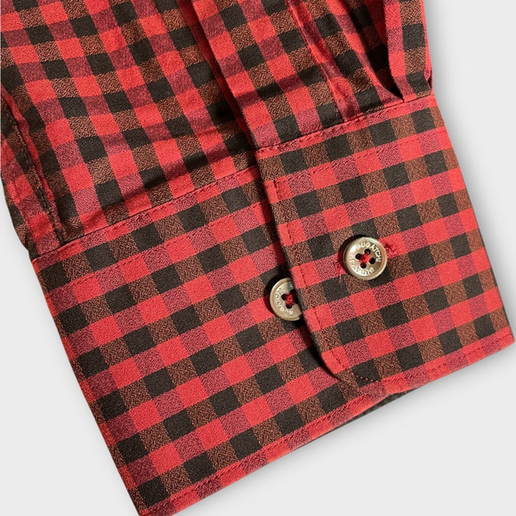 🦜 Bugatchi Uomo Shirt Mens MEDIUM Shaped Fit 100% Cotton Plaid Red Black - Picture 5 of 9